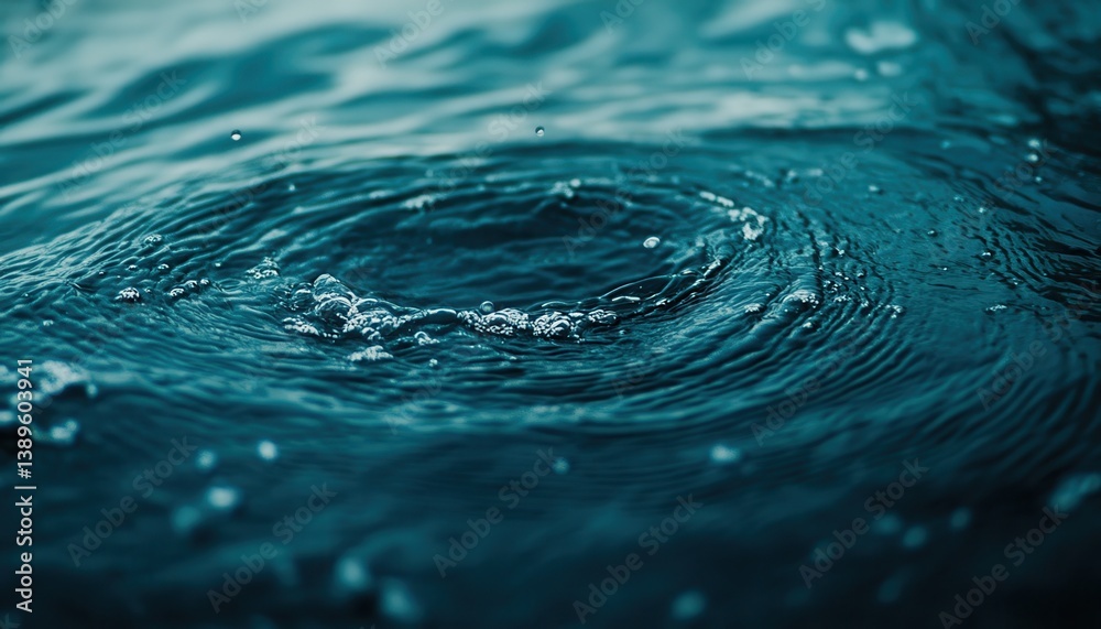 Aufkleber Close Up of Dark Blue Water Surface with Ripples and Drops in Dynamic Motion Reflecting Ambient Light Calm Serene Nature Background in Detailed Macro Photography