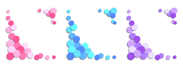 Corner overlay frame of many circles or confetti  isolated on white. Angle composition of bright pink, blue and purple color. Vector clipart for baby design, square template for post in SM or card.