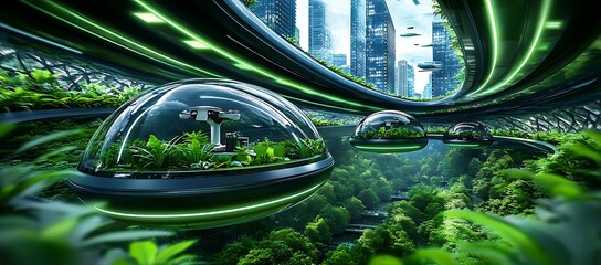 Futuristic design concept with green technology and city integration