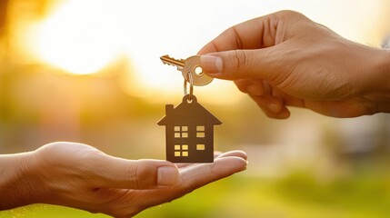 Hands exchanging a house key against a sunset backdrop, symbolizing new beginnings and homeownership