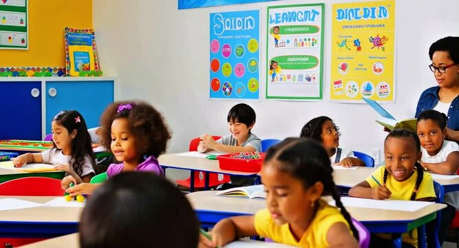 teacher helping students in classroom. Diverse students learning with female teacher inclusive classroom happy children education multicultural environment school activity group interaction