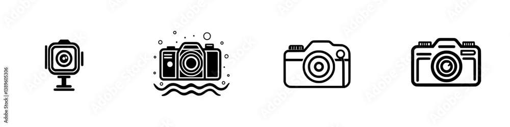 Poster set of minimalist line icons depicting various camera designs in a simple and elegant style for arti