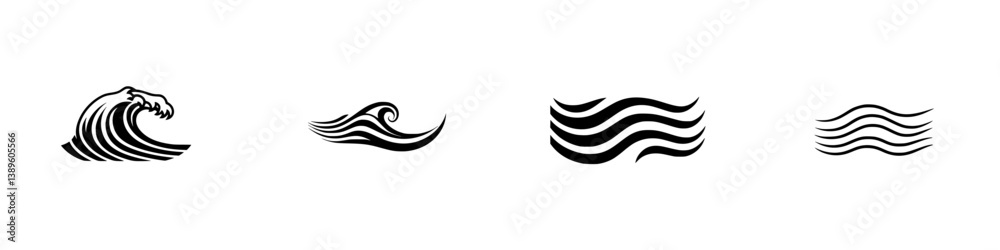 Poster collection of minimalist line icons representing waves and water patterns in black and white designe