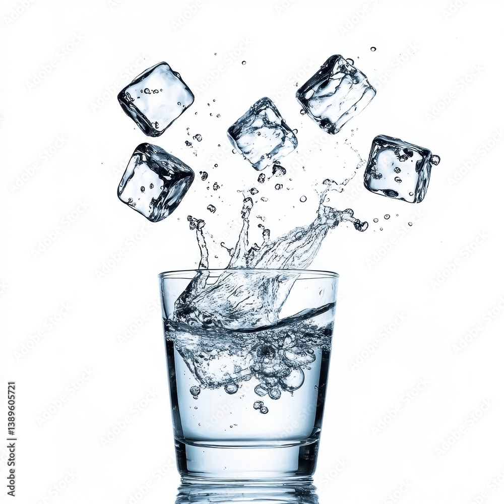 Poster crystal clear water with floating ice cubes in transparent glass against white background for refres