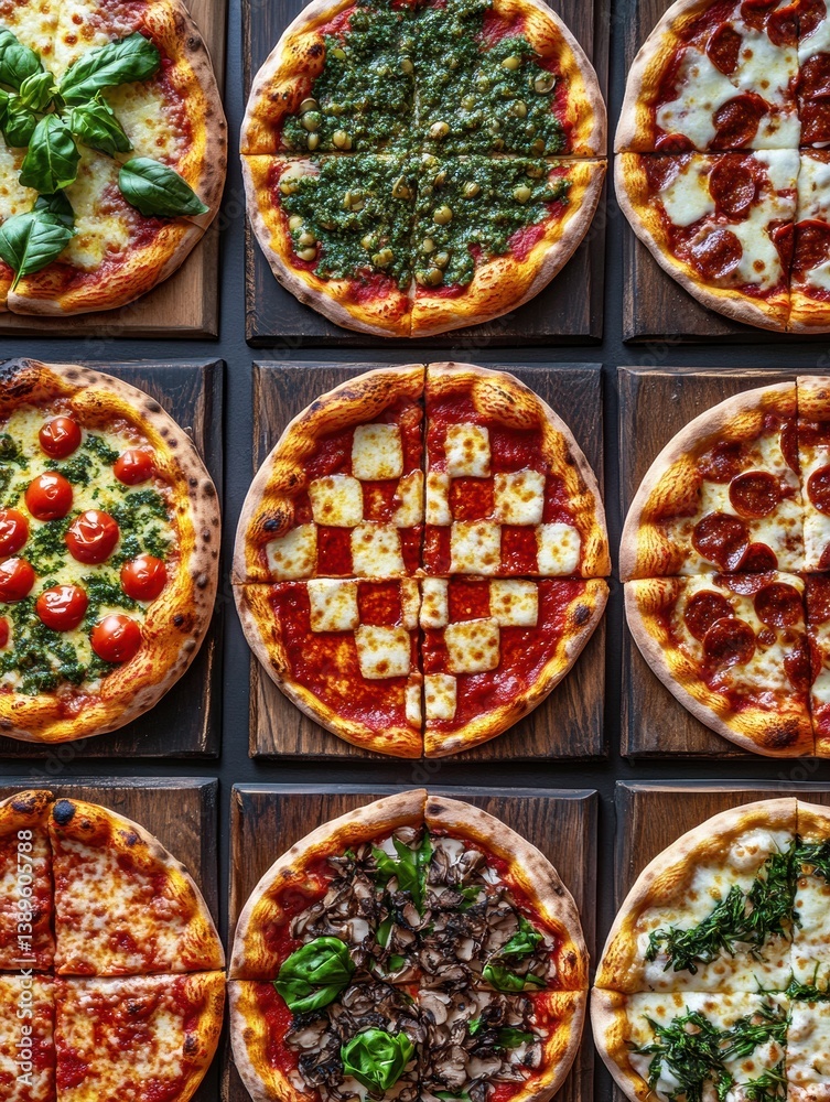 Poster colorful arrangement of pizzas in a vibrant chessboard pattern showcasing various toppings and sauce