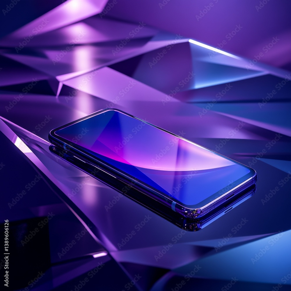 Poster sleek smartphone displayed on abstract purple and blue geometric surface with reflective light, mode