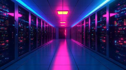 Fototapeta premium A sleek AI powered server room, glowing LED racks and liquid cooling systems, Cyberpunk style