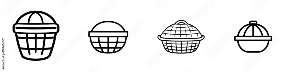 Poster collection of minimalist line icons depicting various basket styles in a simple design suitable for 