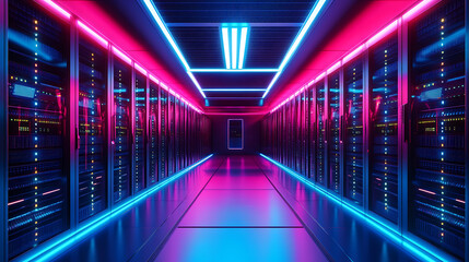 Fototapeta premium A sleek AI powered server room, glowing LED racks and liquid cooling systems, Cyberpunk style