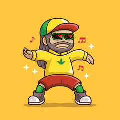Joyful Rastafarian with long, curly hair dancing to reggae music. Perfect for use as a mascot, sticker, or logo with a vibrant reggae music theme.