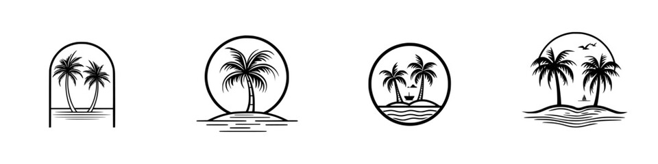 Minimalist line icons depicting tropical islands and palm trees in a stylish vector design