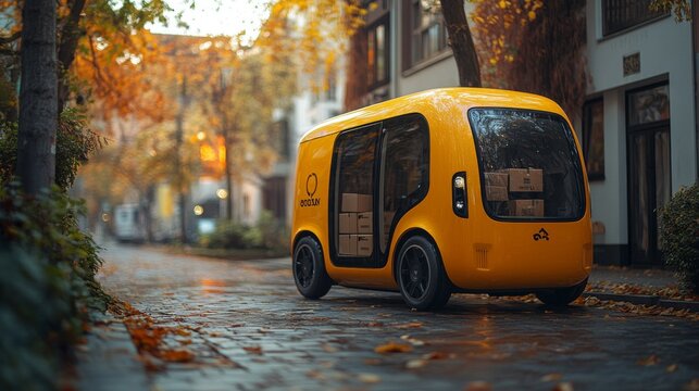 A bright yellow autonomous delivery vehicle makes its way down a charming urban street, surrounded by vibrant autumn foliage and neatly arranged packages, showcasing innovative logistics.