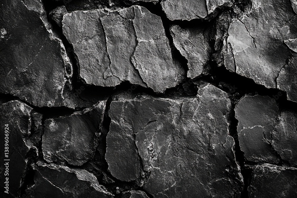 Aufkleber Detailed Dark Cracked Surface Texture Featuring Rough Weathered Stone and Concrete Elements with Abstract Broken Patterns on a Gray Scale Tone