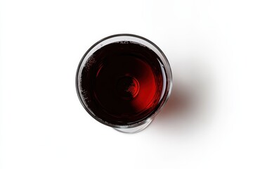 Rich red wine in a crystal glass viewed from above a single glass on white background elegant