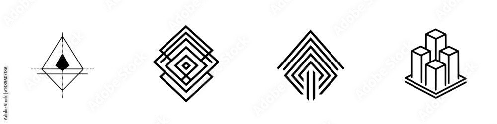 Poster collection of minimalist vector line icons featuring geometric shapes and patterns for design projec