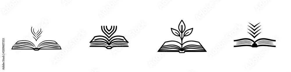 Poster set of minimalist line icons depicting open books with diverse elements symbolizing knowledge and gr
