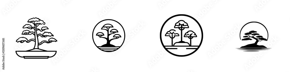 Poster collection of minimalist line icons depicting bonsai trees in various styles for design projects and