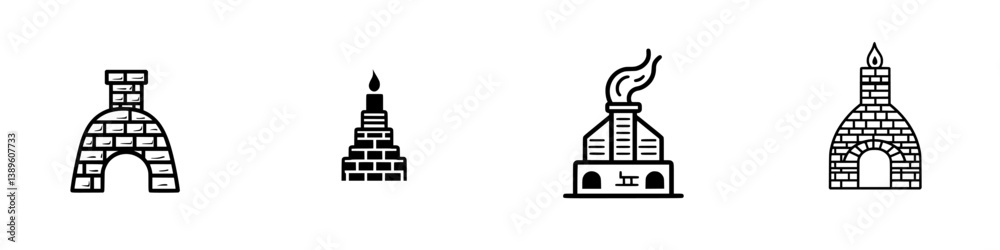 Poster set of minimalist line icons representing various architectural structures in a clean and modern des
