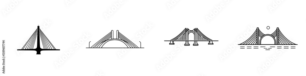 Poster set of minimalist line icons depicting various bridge designs in a modern vector style for graphic u