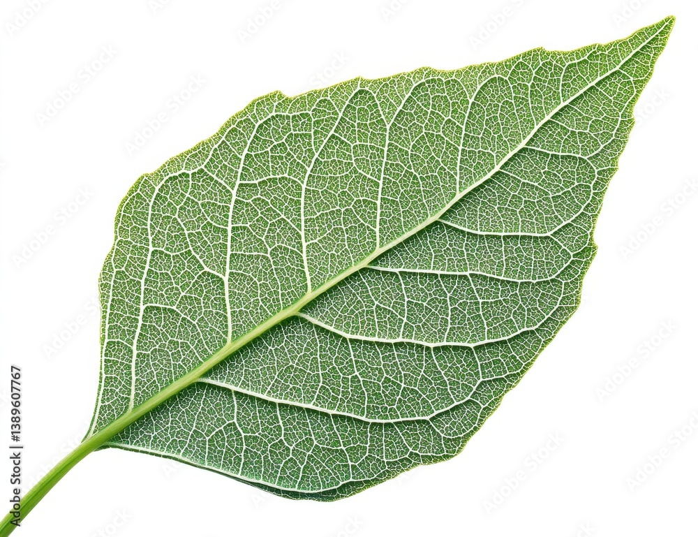 Poster Detailed Macro of a Skeletoized Green Leaf with Visible Veins on White Background Showing Intricate Textural Details and Botanical Structure Emphasizing Nature's Artistry and Delicate Organic