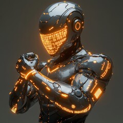 An abstract cyborg figure featuring glowing digital circuits in metallic armor