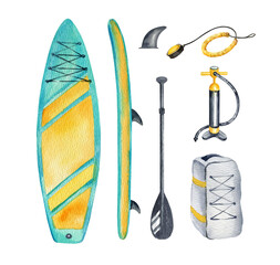 two watercolor view of inflatable stand up paddle board and equipment, paddleboard's backpack, black paddles, pump, life belt, keel, hand drawn illustration of SUP, sketch of summer vacation on water
