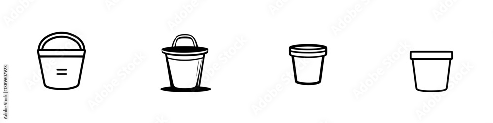 Poster minimalist vector line icons illustrating various types of buckets for versatile design applications