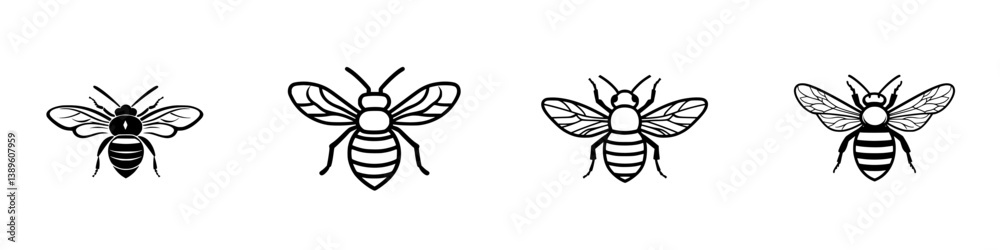 Poster set of vector minimalist line icons depicting bees in various styles and orientations for design pro