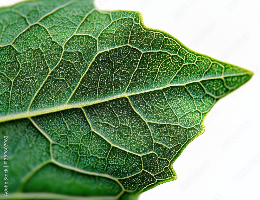 Poster Detailed Macro View of a Vibrant Green Leaf Showing Intricate Veins and Textural Surface on Bright White Background