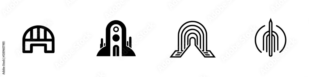 Poster collection of minimalist line icons showcasing various architectural structures and forms in a moder
