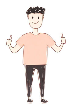 recommend clip art: Happy man cheerfully gives thumbs up soft line art illustration. AI Generated