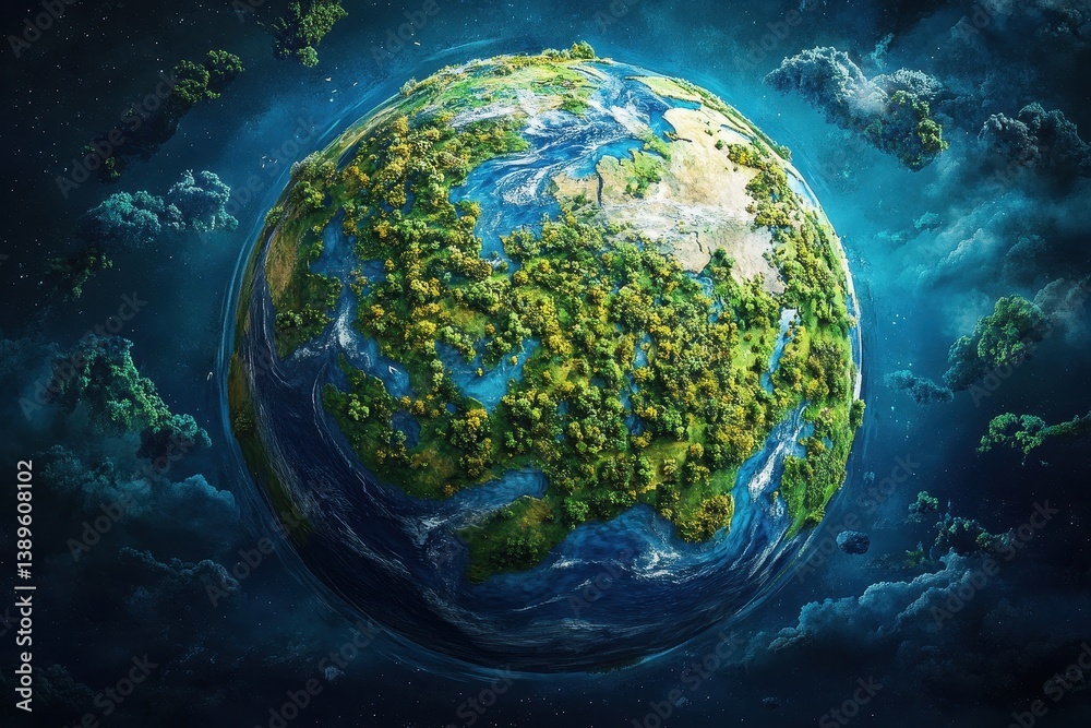 Poster detailed planet earth with blue oceans and green continents floating in a starry outer space backgro