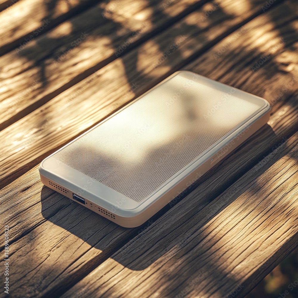 Poster sun-drenched phone: modern smartphone relaxing on a wooden bench, bathed in warm sunlight with intri