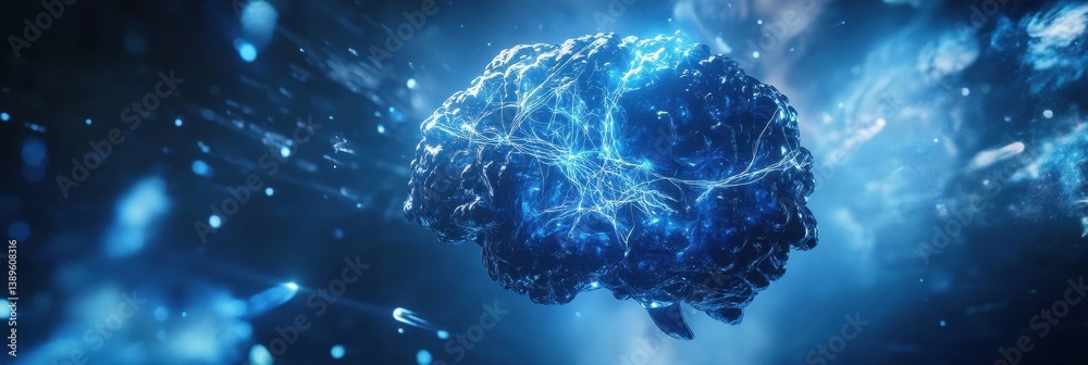 Poster digital brain model in blue tones displaying artificial intelligence and neural network concept over