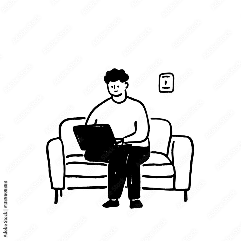 Fototapete illustration of smiling person sitting on a couch using a laptop, with a light switch on the wall. b