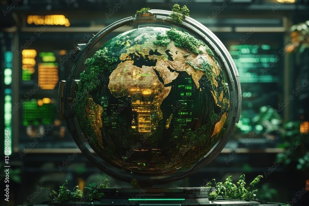 Aufkleber Digital Globe with Earth Continent Map in Futuristic Setting Highlighting Green Technology and Sustainable Themes with Advanced Network Connections