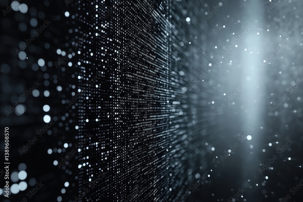 Poster digital matrix background with glowing dots in white and gray tones depicting futuristic data networ