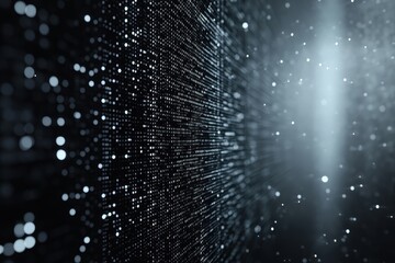 Digital Matrix Background with Glowing Dots in White and Gray Tones Depicting Futuristic Data Network on Dark Backdrop