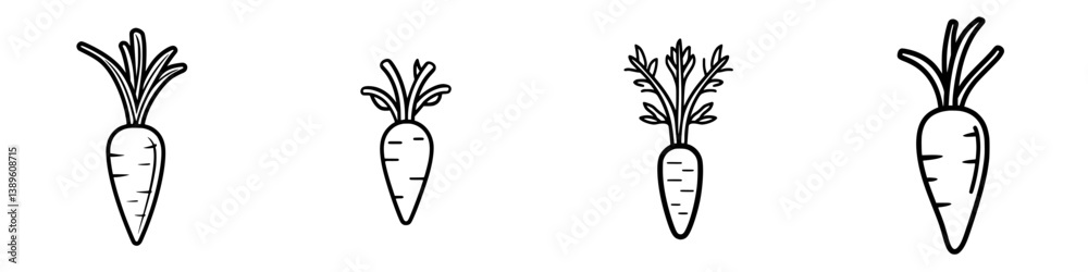 Poster set of minimalist vector line icons depicting various styles of carrots in a simple and clean design