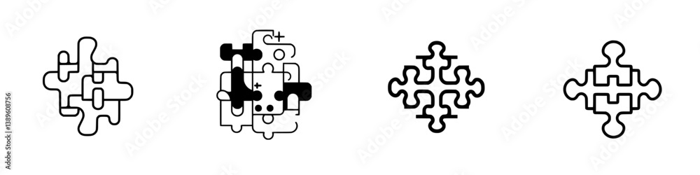 Poster minimalist vector line icons displaying interconnected shapes and forms in a modern design style