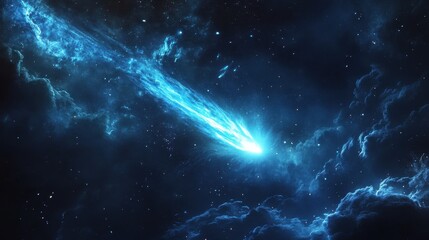 Fototapeta premium Dramatic Blue Comet Streaking Across Starry Night Sky with Nebula Cloud Formation Shining Bright in Cosmic Space Astronomy and Science Exploration