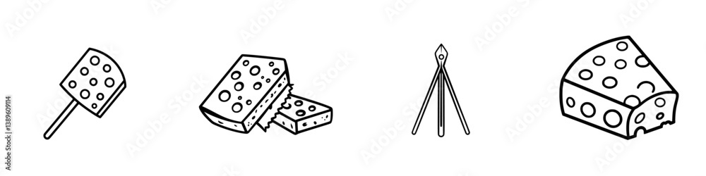 Poster vector minimalist line icons featuring different types of cheese and drawing tools showcasing simpli