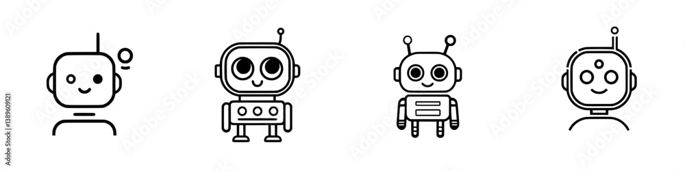 Poster set of vector minimalist line icons depicting diverse robot designs showcasing friendly expressions 