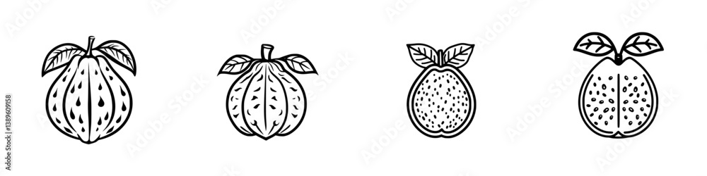 Poster minimalist vector line icons displaying various styles of fruit with distinct shapes and leaf detail