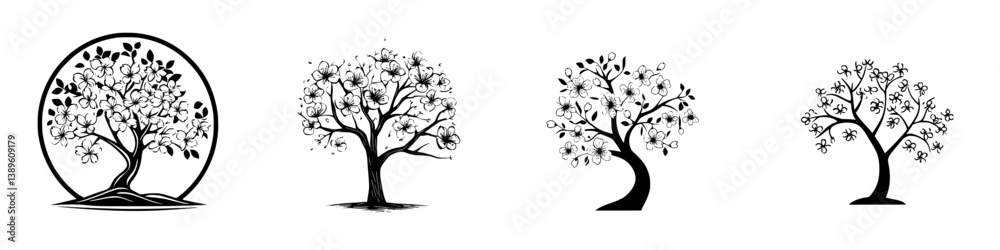 Poster exploring a collection of minimalist line icons featuring stylized trees in various designs and conf