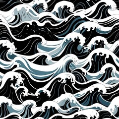 Fototapeta premium Repeating waves pattern. Black and white seamless background. Water surface wallpaper. Ocean texture design.