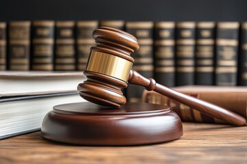 Obraz premium Essential Tools for Compliance in the Legal Field: A Close-Up of a Wooden Gavel and Soundboard Among Law Books.
