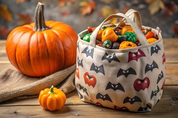 Close-up of Halloween Candy in a Tote Bag Beside a Carved Pumpkin