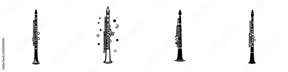 Poster collection of minimalist vector line icons featuring various clarinet designs showcasing unique styl