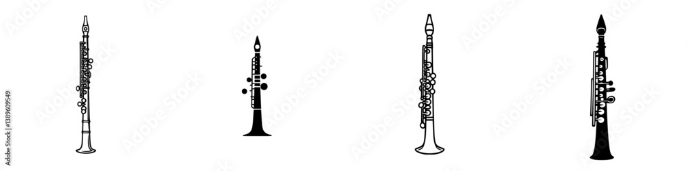 Poster minimalist vector line icons of different types of clarinets in a simple and elegant design for musi